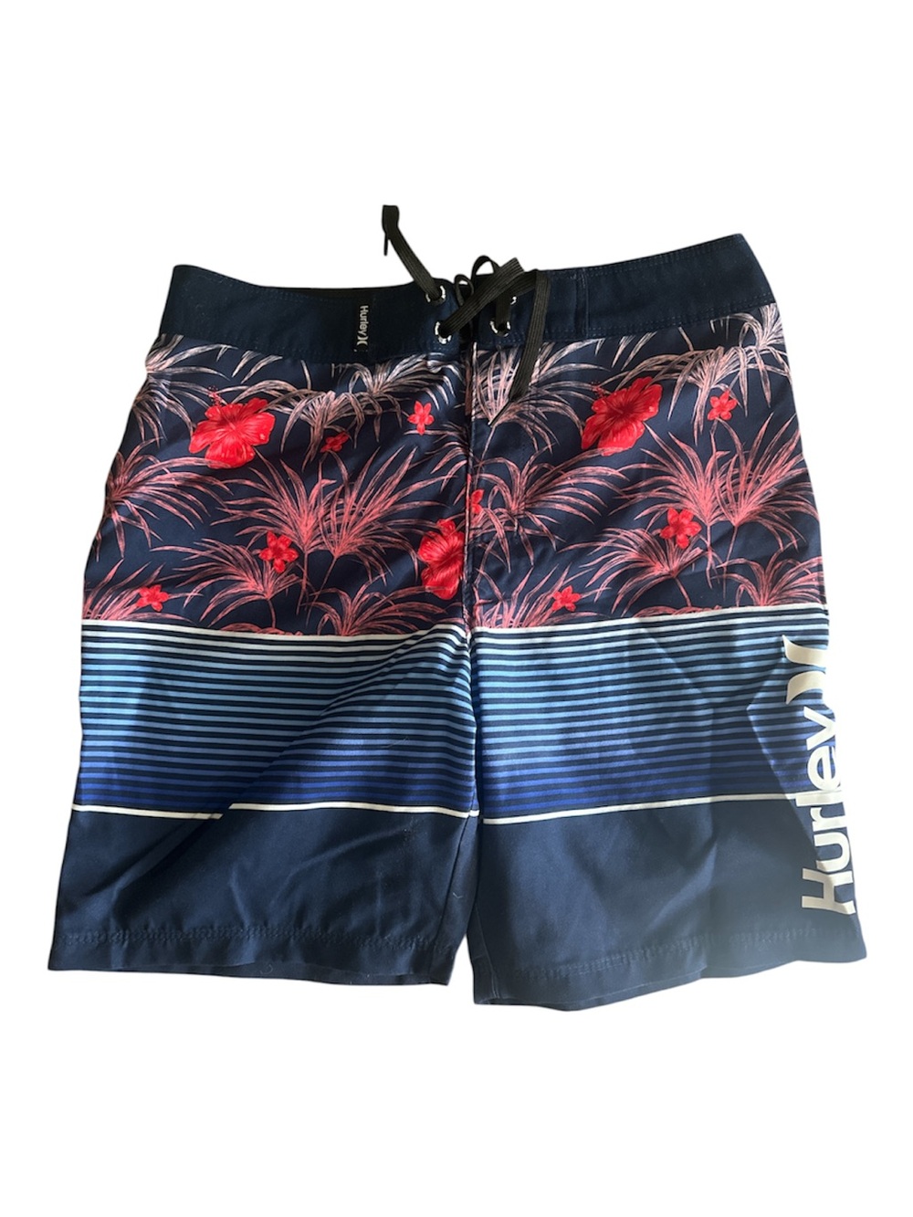 Hurley Navy Shorts with Red Floral and Blue Striped Panels